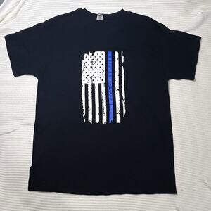 Thin Blue Line Tattered American Flag Police Law Enforcement TShirt Lg Gildan